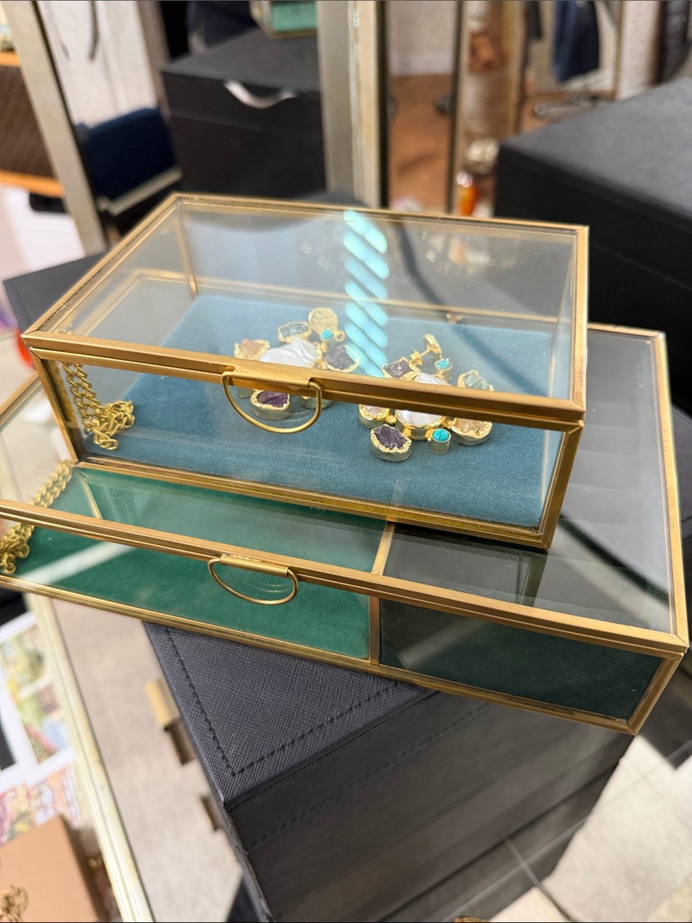Glass and Brass Jewelry Boxes with Velvet Bases - Picture 6 of 9